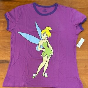 Vintage Disney Purple Tee with Blue Trim and Green Tinker Bell Graphic